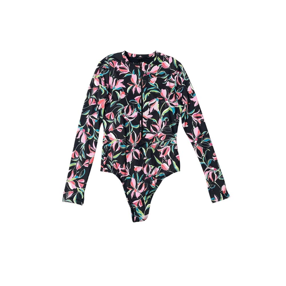 NEW Volcom Floral Long Sleeve Zip Up Rash Guard One Piece Swimsuit Medium Surf